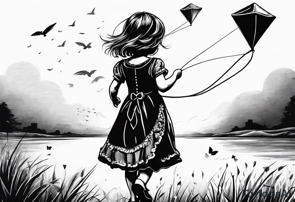 the back of a little girl in a dress, flying a kite tattoo idea