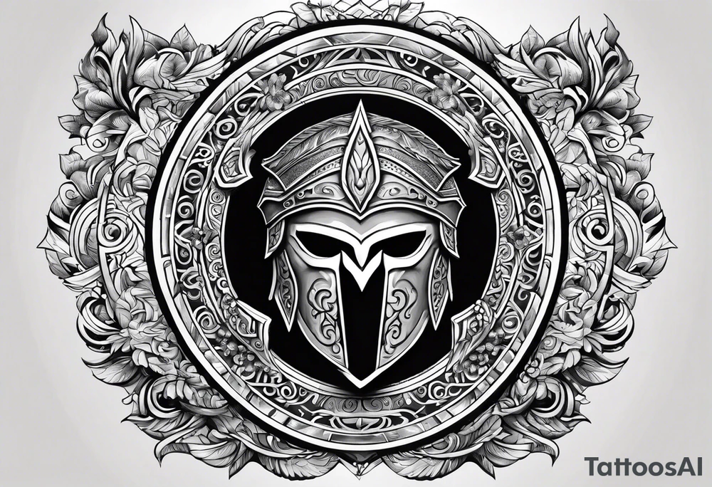 Spartan shield with Greek spiral pattern around it tattoo idea