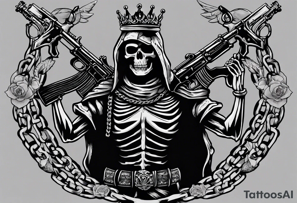 image of a skeleton standing frontally with a crown on his head, holding an AK-47 on his shoulder with his right hand. The chain on the left should be taut, there are three angry barking Dobermans in it, near the waist tattoo idea