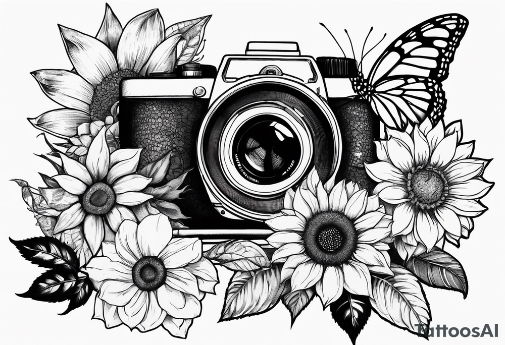 Flower : rose , sunflower, camera, small butterfly tattoo idea