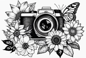Flower : rose , sunflower, camera, small butterfly tattoo idea
