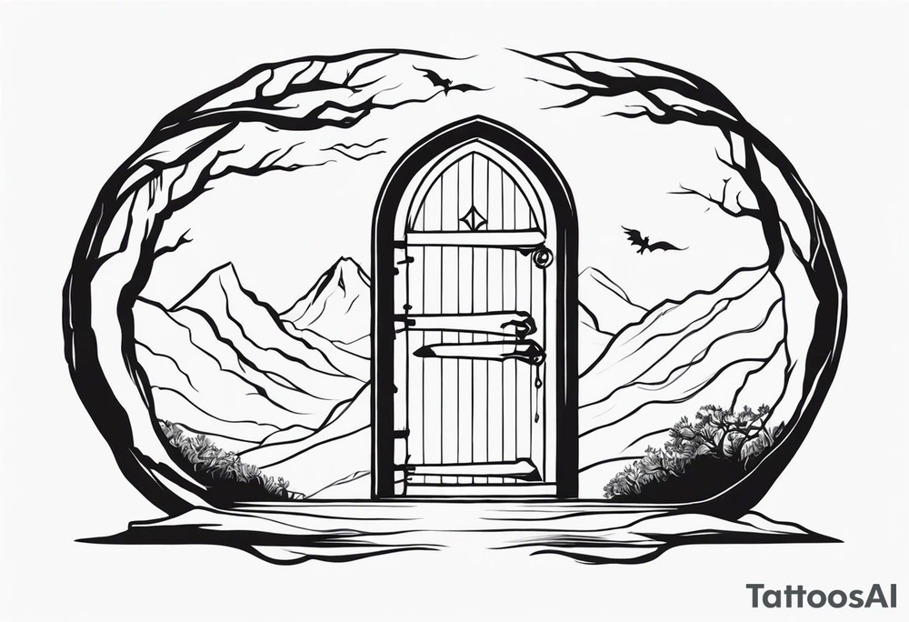 Lord of the rings main with Harry Potter mashup but clear independent visual of both movies. Small simple and minimal. No people in it. Not too much black. Hobbit door tattoo idea