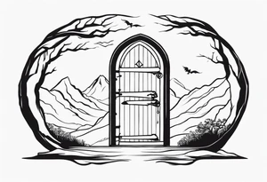 Lord of the rings main with Harry Potter mashup but clear independent visual of both movies. Small simple and minimal. No people in it. Not too much black. Hobbit door tattoo idea