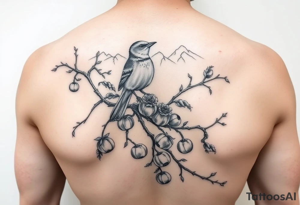 bird on persimmon tree with lots of branches and fruits with mountains in background tattoo idea