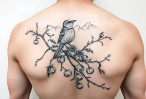 bird on persimmon tree with lots of branches and fruits with mountains in background tattoo idea