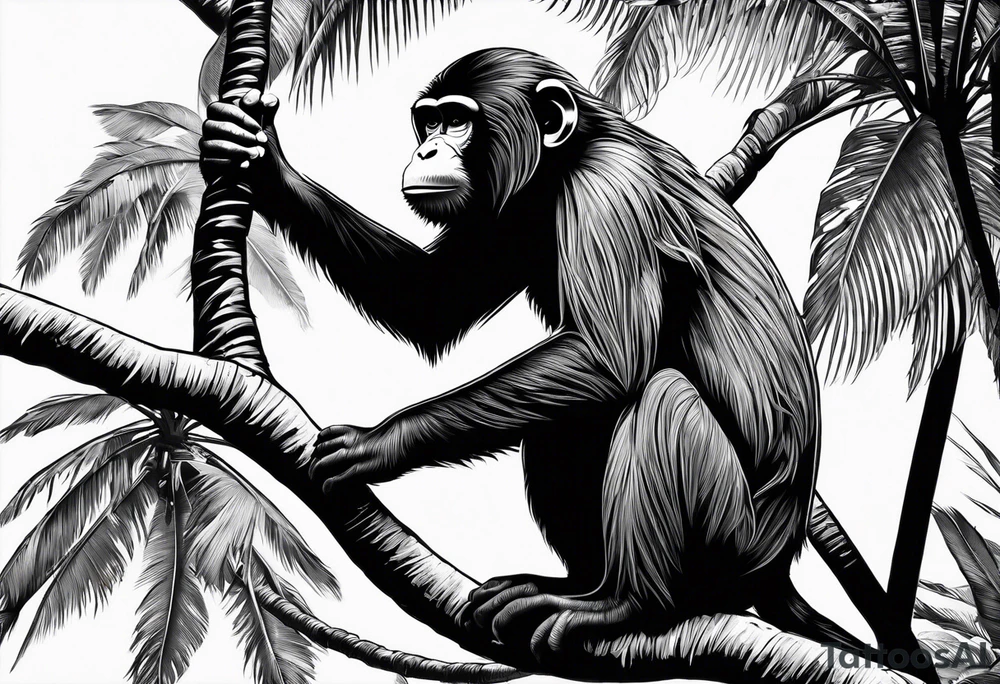 Monkey with a banana sitting on a palm tree tattoo idea