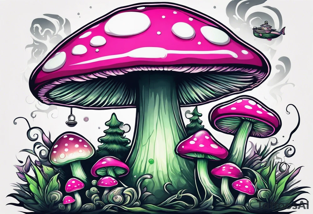 pink and white mushroom with little green alien fishing on top, smoke lingers in the back tattoo idea