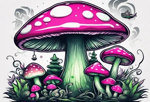 pink and white mushroom with little green alien fishing on top, smoke lingers in the back tattoo idea