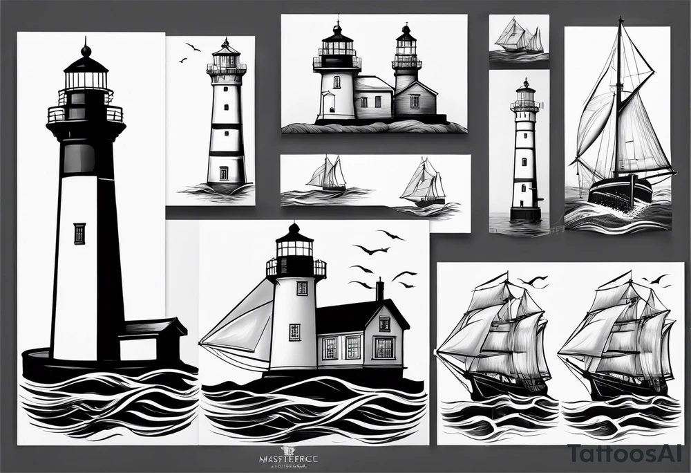 maritime lighthouse partially hidden by its  large fixed sails. tattoo idea