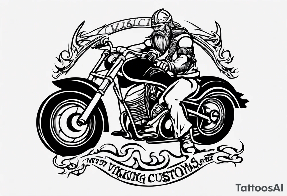 i want a tattoo of a viking riding a motorcycle with flames and I want the words “Viking Customs” incorporated into the design tattoo idea