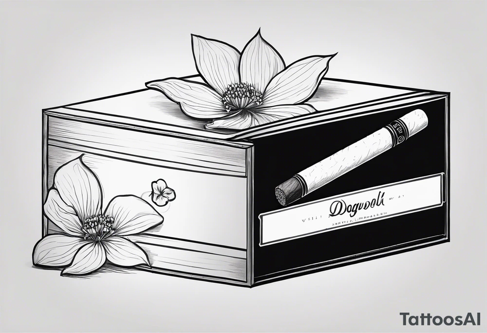 A simple vintage cigar box with a dogwood flower next to it as well as a lit cigar tattoo idea