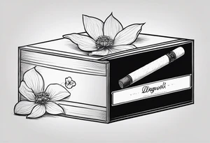 A simple vintage cigar box with a dogwood flower next to it as well as a lit cigar tattoo idea