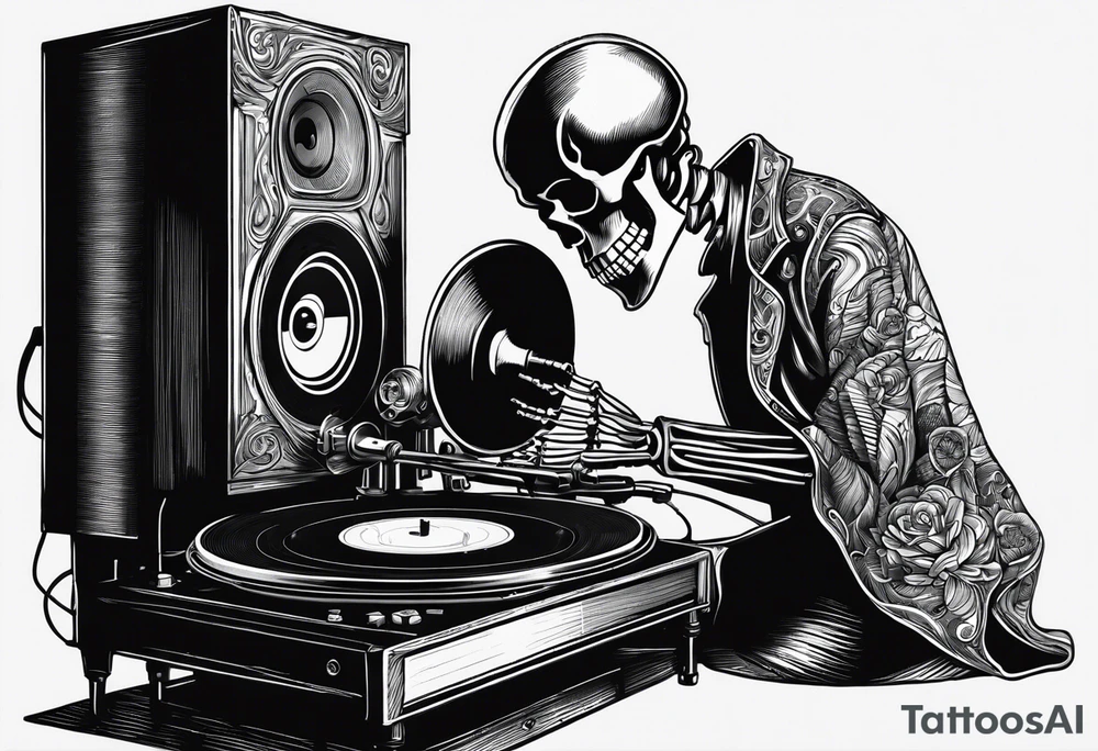 Skeleton listening to record player tattoo idea