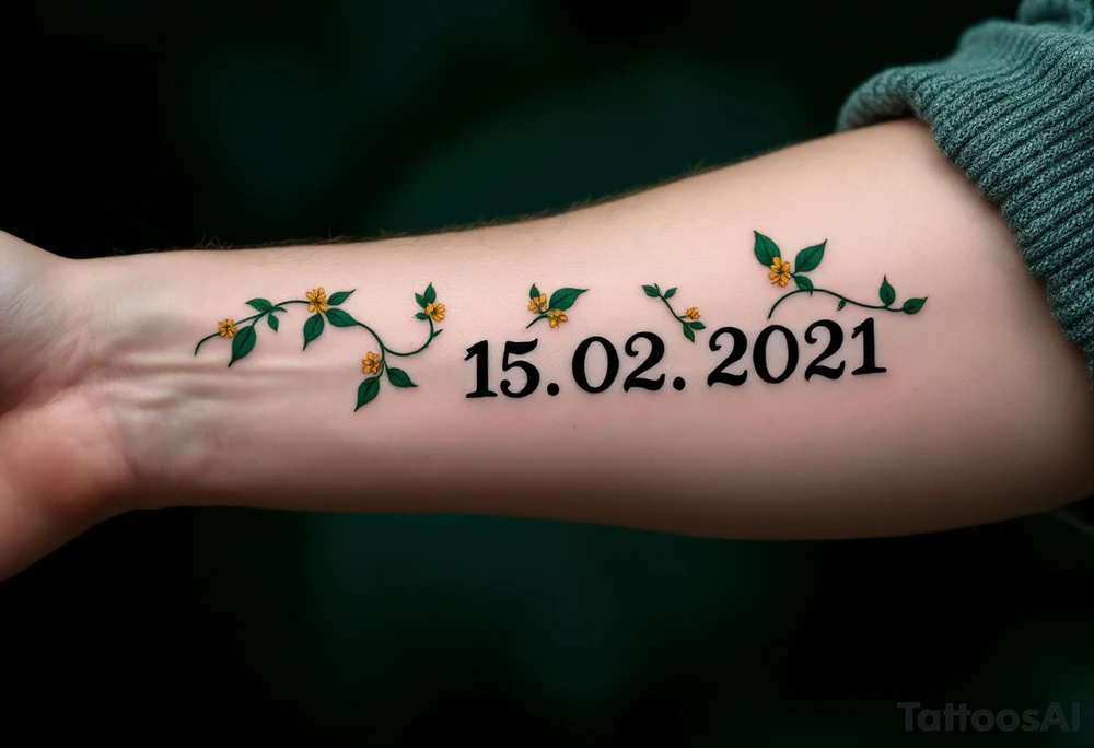 Name Luky 15. 02. 2021 – Deep emerald green vine twisting around Lucas's birthdate, with small yellow blooms dotting the numbers. tattoo idea