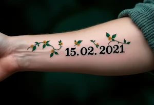 Name Luky 15. 02. 2021 – Deep emerald green vine twisting around Lucas's birthdate, with small yellow blooms dotting the numbers. tattoo idea