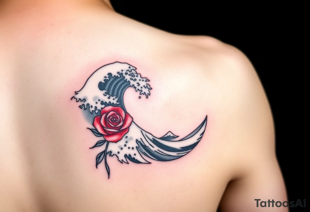 Arm tattoo of The Great Wave off Kanagawa in black and white with a beautiful red rose tattoo idea
