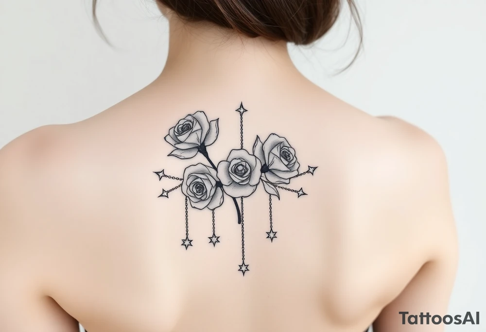 roses, gemstones on chains, stars tattoo idea