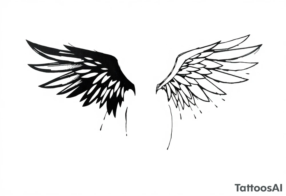 This tattoo design features a pair of asymmetrical angel wings drawn in black ink with a rough, sketch-like style. The left wing is darker, more defined, and appears denser, while the right wing is lighter, more delicate, and fragmented, creating a contrast between the two. The feathers are sharp and irregular, with fine lines and stray strokes extending outward, adding a raw and artistic feel. The overall look is dynamic and slightly chaotic, giving the impression of movement or an unfinished, ethereal form. This design symbolizes duality, freedom, transformation, or even struggle, making it a meaningful and visually striking tattoo. tattoo idea