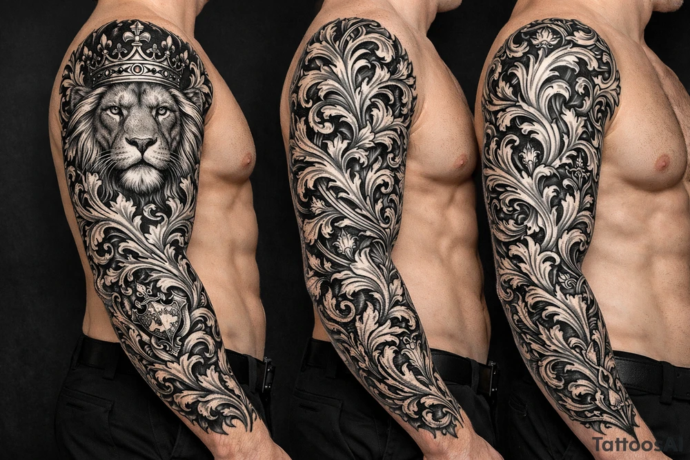majestic lion wearing ornate crown, surrounded by baroque flourishes tattoo idea