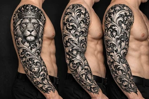 majestic lion wearing ornate crown, surrounded by baroque flourishes tattoo idea