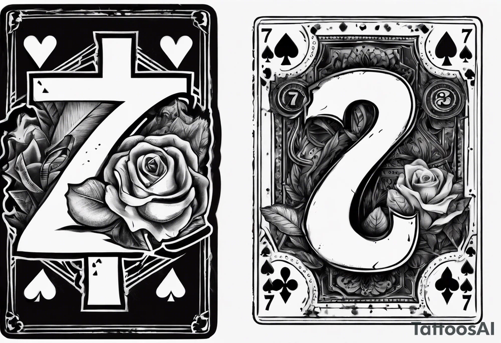 Number 7 and number 2 stacked poker card, most outward facing card has a small gravestone on it tattoo idea