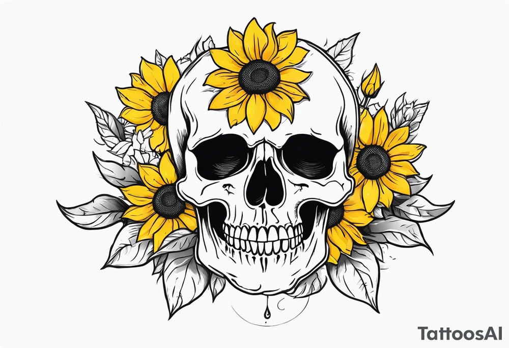 skull surrounded by sunflowers tattoo idea