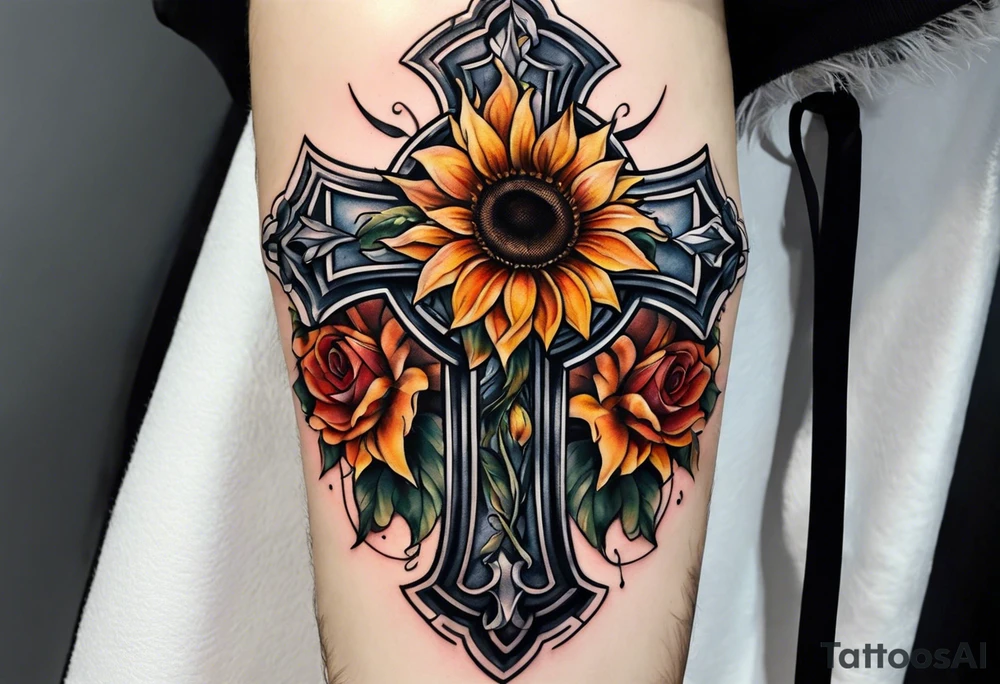 Winged cross with sunflower arm sleeve tattoo idea