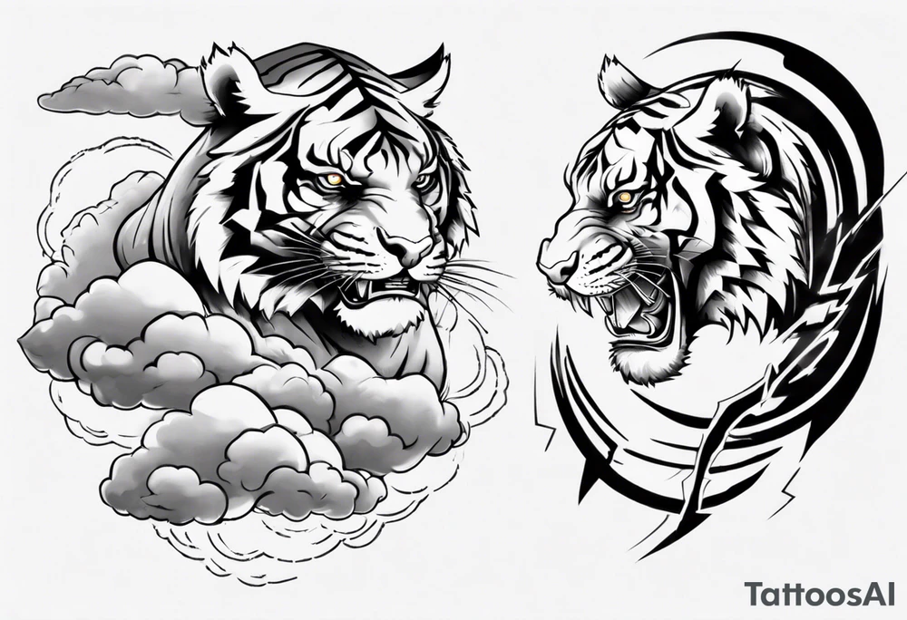 A thundergod tiger forearm tattoo, with lightning and clouds filling the area tattoo idea