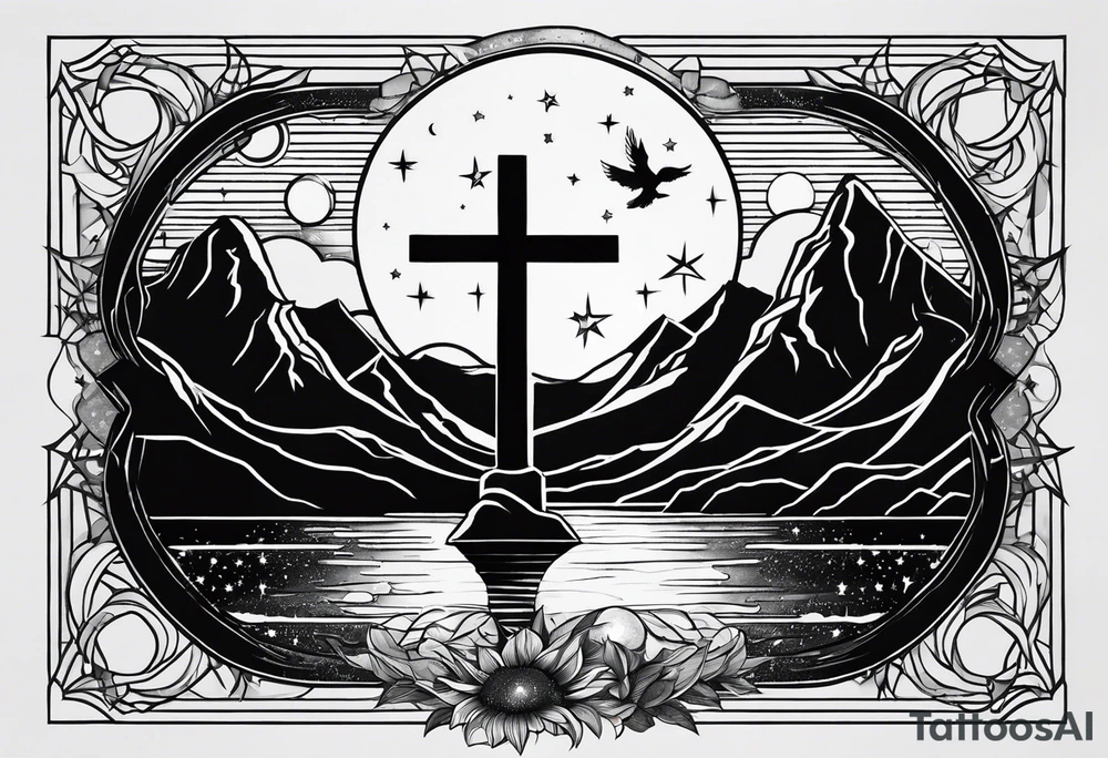 nature with mountains, waterfall, water, and a cross in the background and and moon/sun in the sky with stars tattoo idea