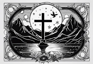 nature with mountains, waterfall, water, and a cross in the background and and moon/sun in the sky with stars tattoo idea