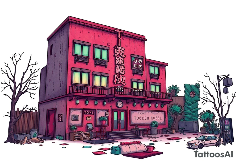 Tim Burton’s Tokyo sex hotel from outside viewis abandoned and dripping with muted reds, dusty pinks, and eerie green glow. tattoo idea tattoo idea