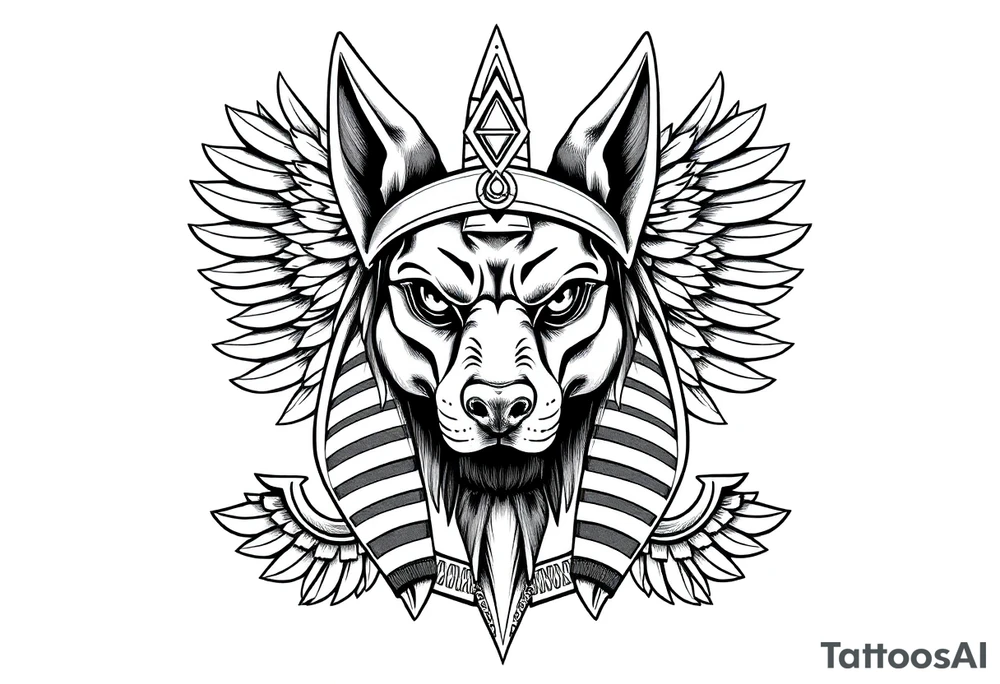 Egyptian Anubis god face muscle in Egypt style  with mantle on head with empty eyes 

dog face surrounded Egyptian symbols based on elements tattoo idea