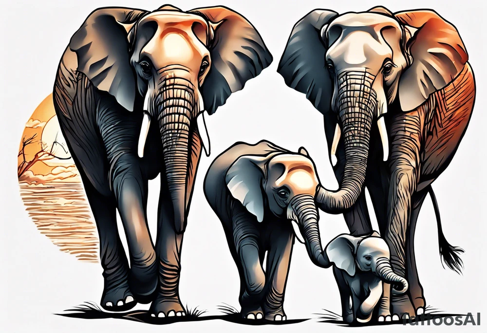 family of 6 elephants walking into sunset tattoo idea