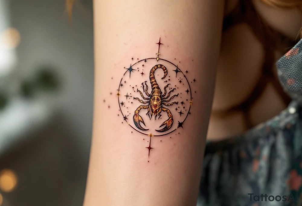 A golden Scorpius star constellation with a scarlet core, Scorpius prowls the zodiac as the guardian of hidden truths. tattoo idea