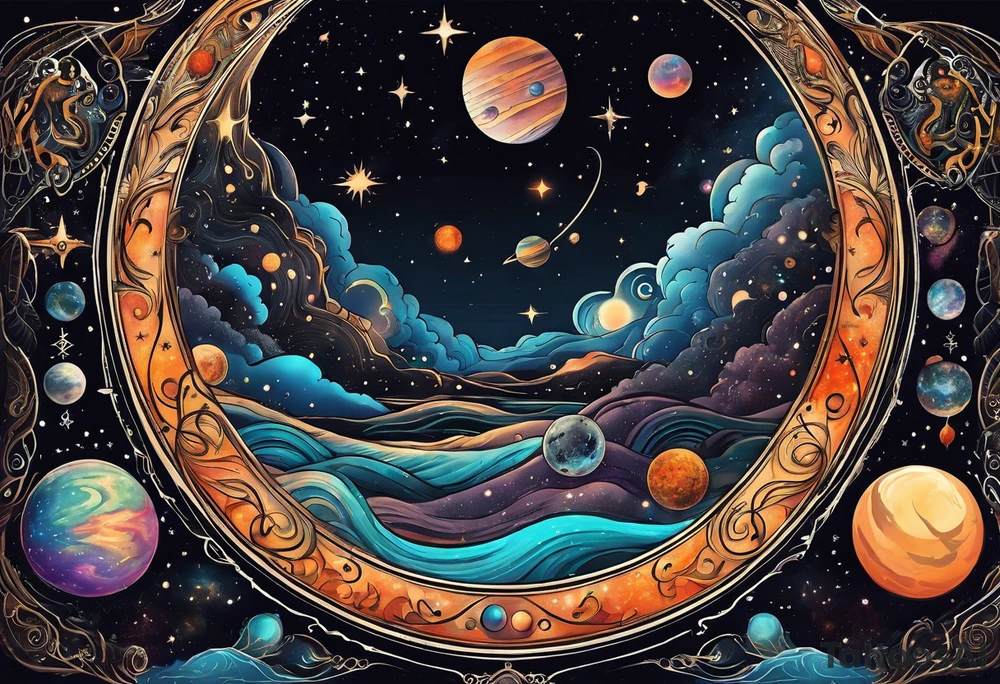 A tattoo featuring a cosmic scene with planets, black holes, and supernovae intertwined with intricate linguistic symbols, reflecting the client's interests in cosmology and linguistics. tattoo idea