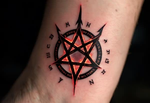 A blackened inverted pentagram with deep crimson flames, surrounded by ancient runes glowing in dark red. tattoo idea