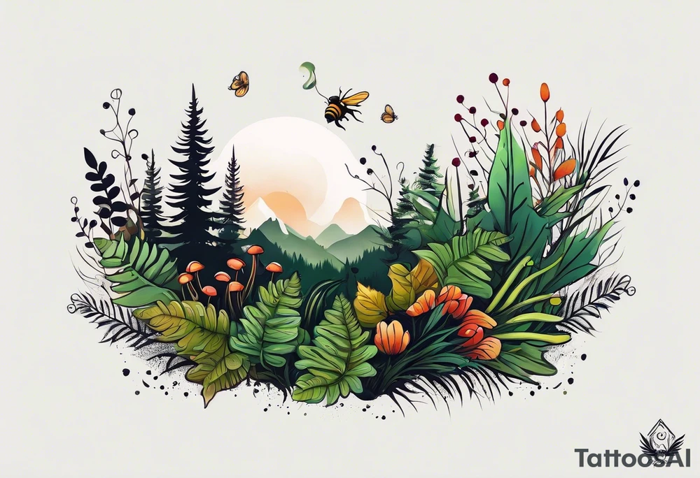 forest floor inspired minimalist tattoo, which includes grass, curly ferns, moss and dead leaves as the bulk of the tattoo. details to include: forest berries, a tiny bumblebee flying nearby, three small brown mushrooms
Generate a vertically long one tattoo idea