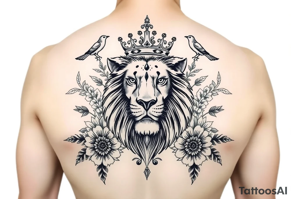 powerful majestic lion with a crown, surrounded by floral ornaments and birds tattoo idea