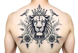 powerful majestic lion with a crown, surrounded by floral ornaments and birds tattoo idea