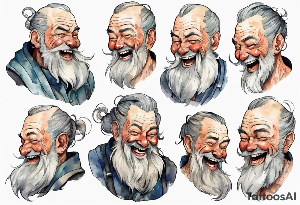 full portrait a large Bavarian man with a grey beard laughing tattoo idea