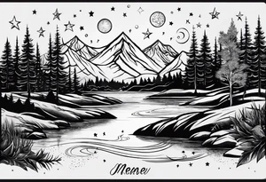 nature tattoo with river mountains a few trees with the stars and constellations of the night I met her with the words " I knew the moment I saw her"
 
imsert the words I knew the moment I saw her tattoo idea