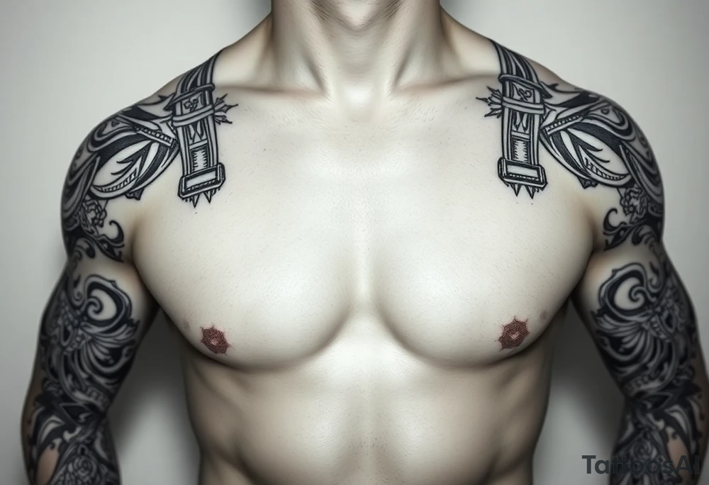 straps made of tribal designs around arms and shoulders tattoo idea
