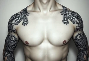 straps made of tribal designs around arms and shoulders tattoo idea