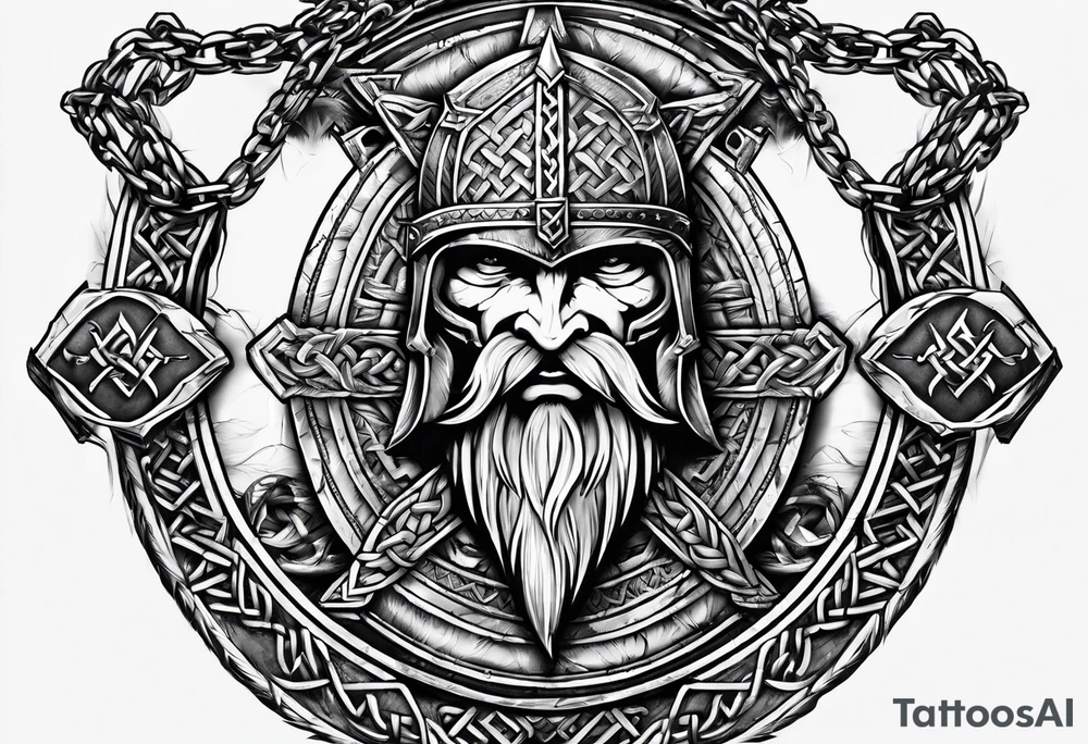 Valhalla sword shield  axe Valknut barbed wire chains tattoo idea