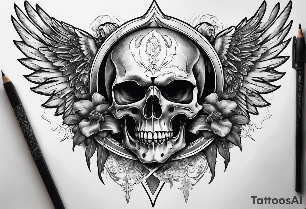 In the center is a half skull pierced by a large sword. On either side of the skull, there are spread angel wings, Beneath the skull is a ribbon weaves through both the skull and the sword tattoo idea