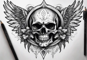 In the center is a half skull pierced by a large sword. On either side of the skull, there are spread angel wings, Beneath the skull is a ribbon weaves through both the skull and the sword tattoo idea