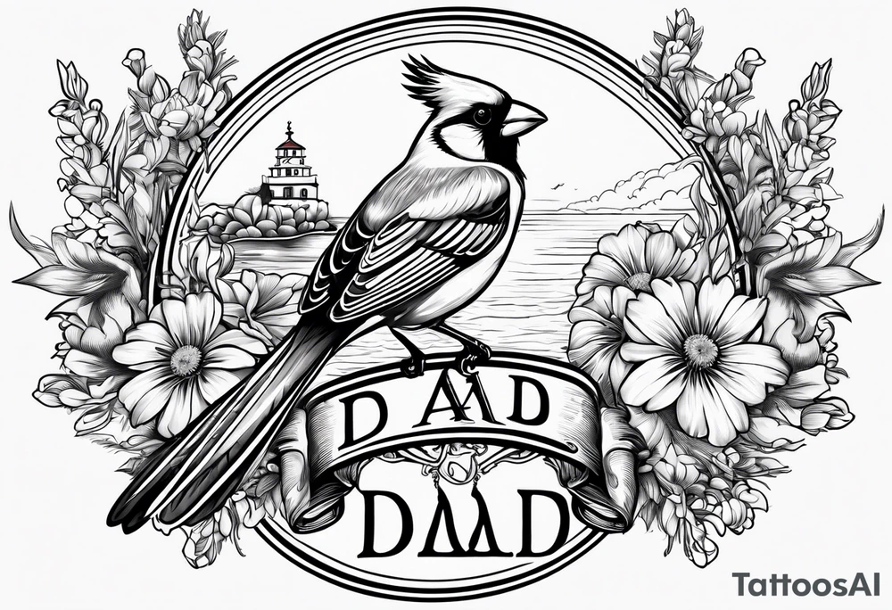 Aster flowers and sea rocket flowers with a cardinal around the words Dad tattoo idea