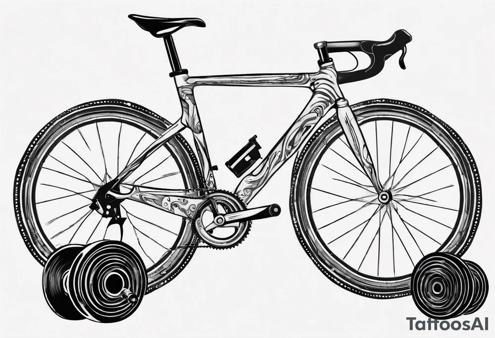 BMC road bicycle on a mountain placed on a dumbbell tattoo idea