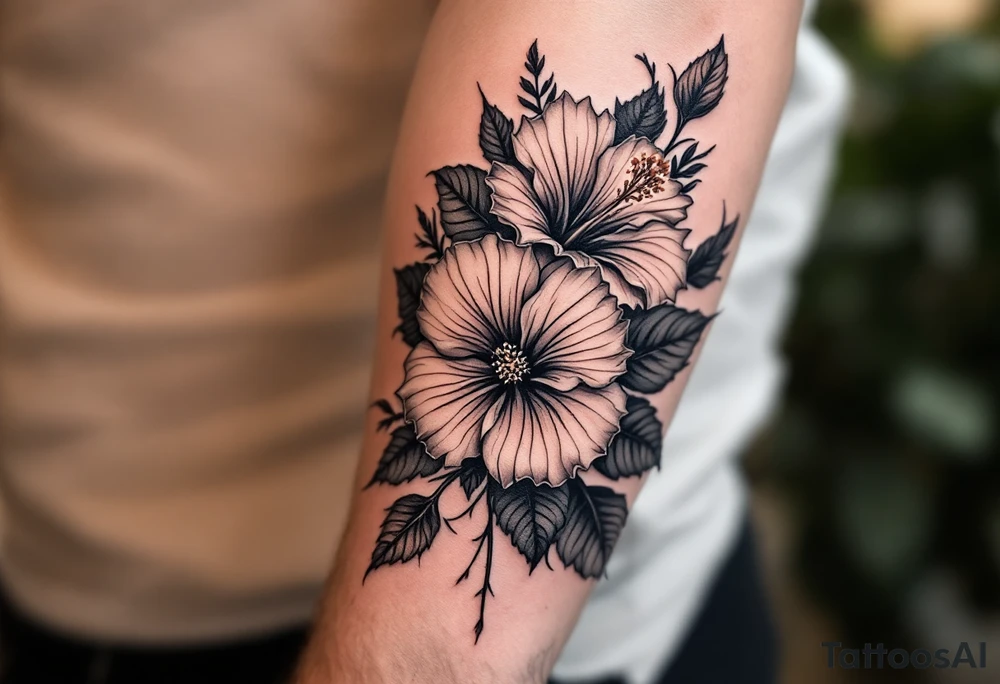 Masculine hibiscus flowers tattoo idea