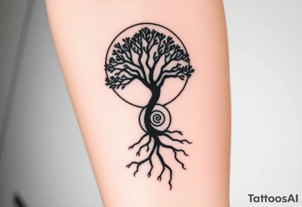 Tree inside of sun, spiral circle line moving roots to the right tattoo idea